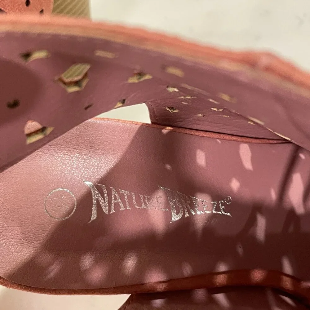 Nature Breeze Issa Stack Heel Pink Lazercut Peep Toe Lace Up Bootie 8.5 EUC